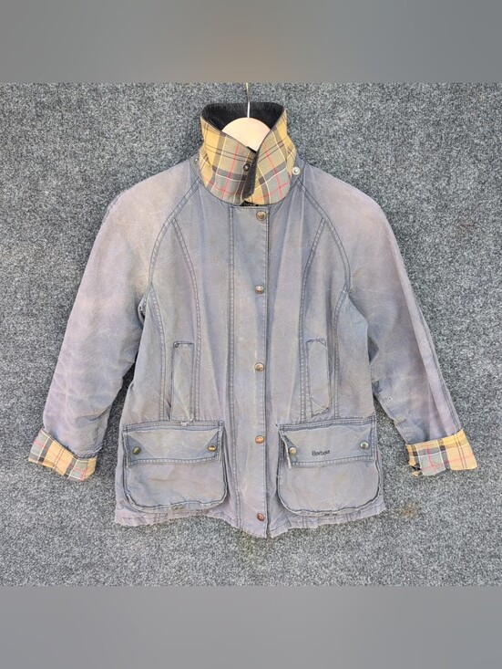 Barbour Jackets & Blazers - Barbour Beadnell Jacket Size 6 Gray Wax Tartan Plaid Corduroy Collar Faded Work